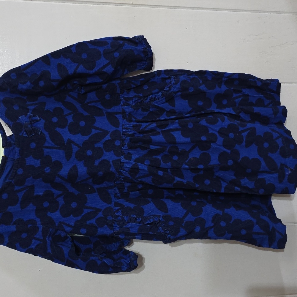 Hanna Andersson Girls Corduroy Dress‎ Blue Floral Pockets Sz 110/5-6X EUC